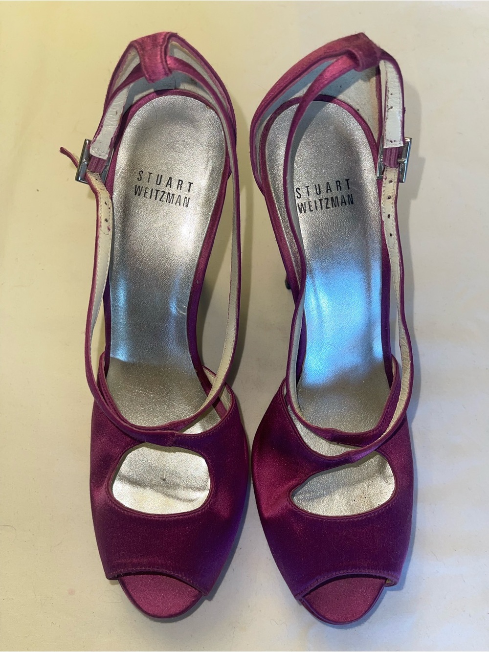 Stuart Weitzman Women's Magenta Satin Peep-Toe Heels
